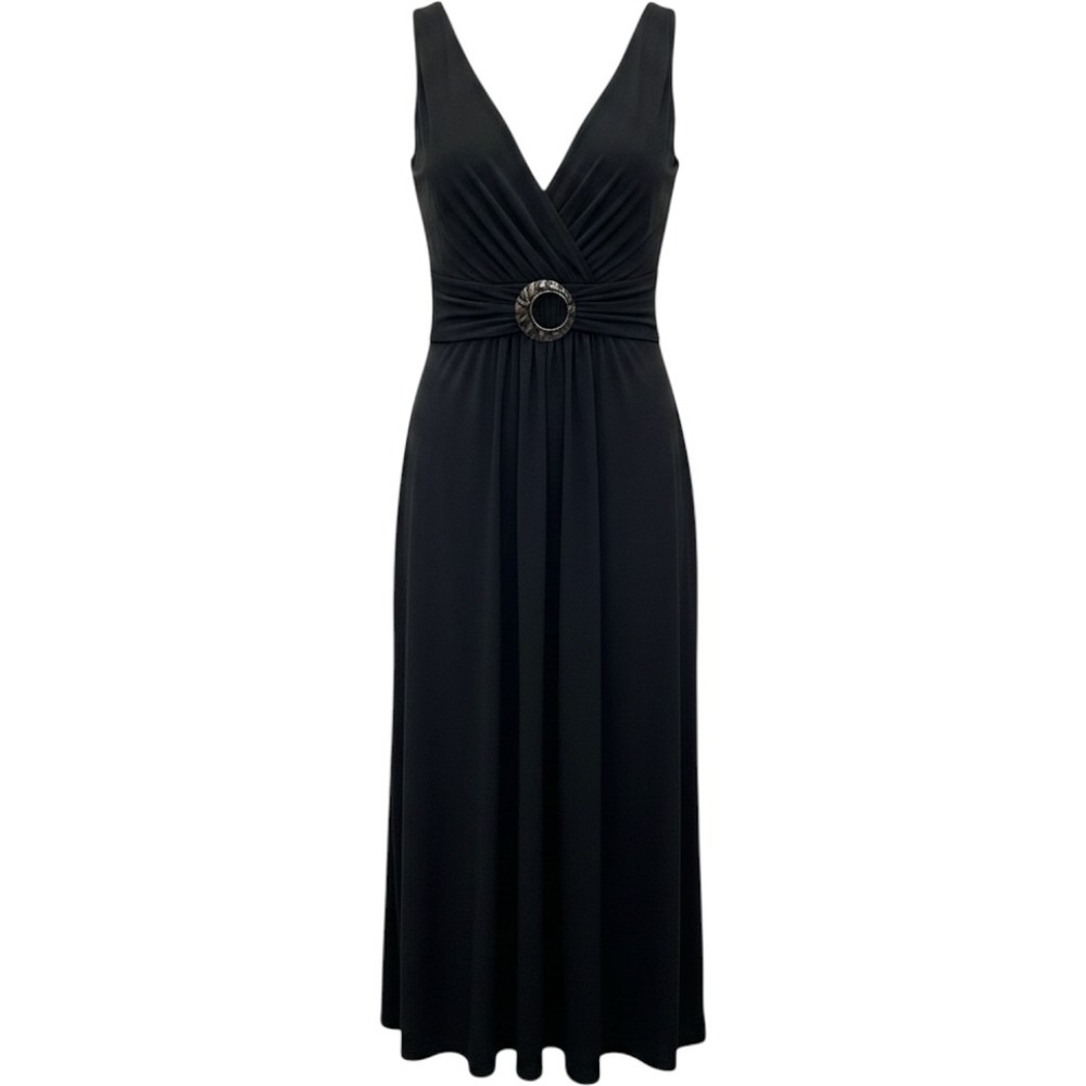 Andre Oliver 10 Black Faux Wrap Midi Dress Luxury Cocktail Plunge Sexy Romantic